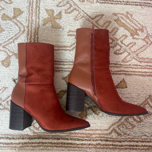 Rust orange color heeled zip up boots size 8.5 faux suede vegan leather two tone - Picture 2 of 6